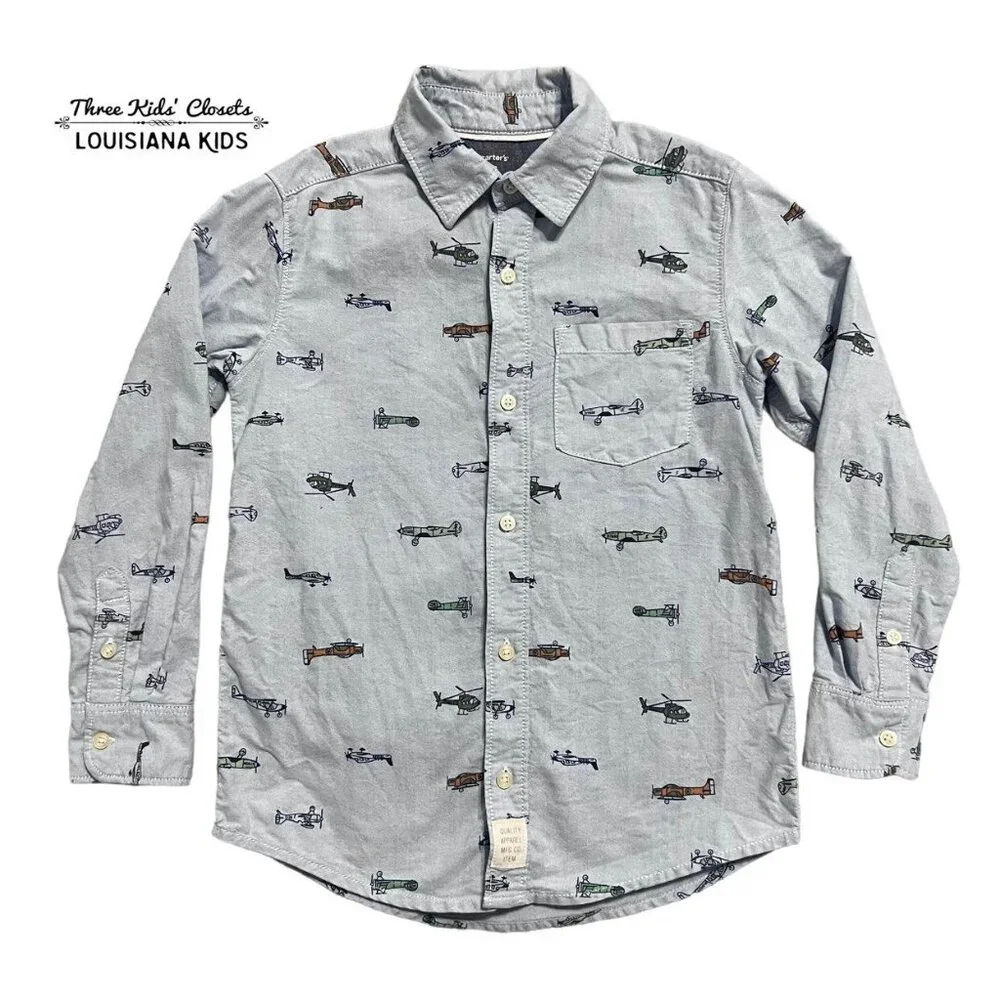 Carter's Sz 7 Airplane & Helicopter Print Button Down Shirt